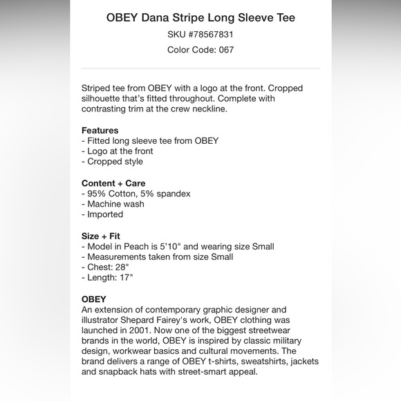 Obey striped top BNWT - Picture 5 of 5